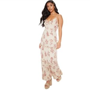 Prettylittlething Cream Ruffle Maxi Dress W/All Over Burgundy Floral Pattern (8)